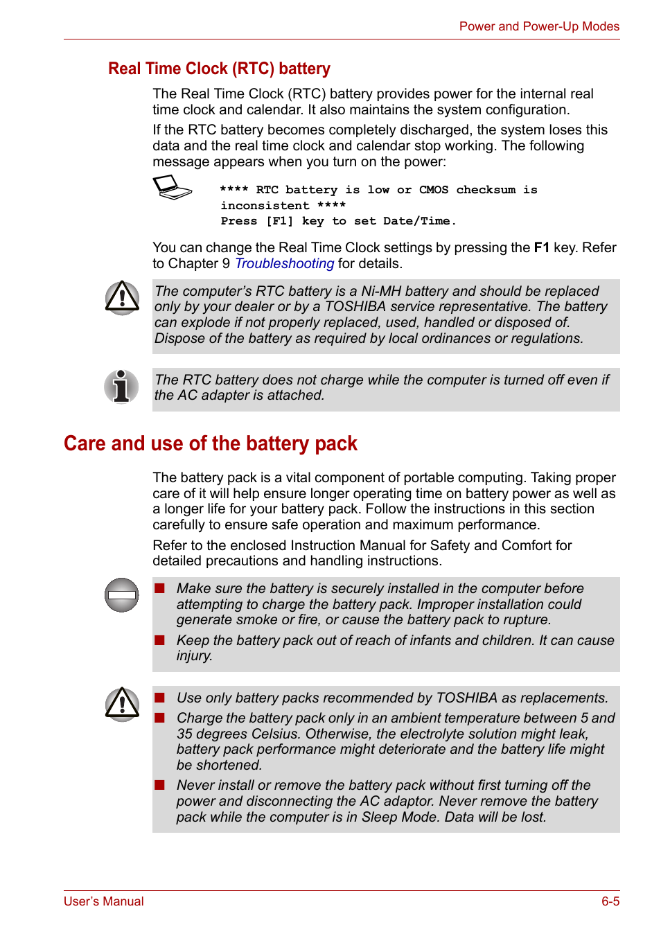 Care and use of the battery pack, Care and use of the battery pack -5, Real time clock (rtc) battery | Toshiba Satellite Pro A120 (PSAC1) User Manual | Page 106 / 205