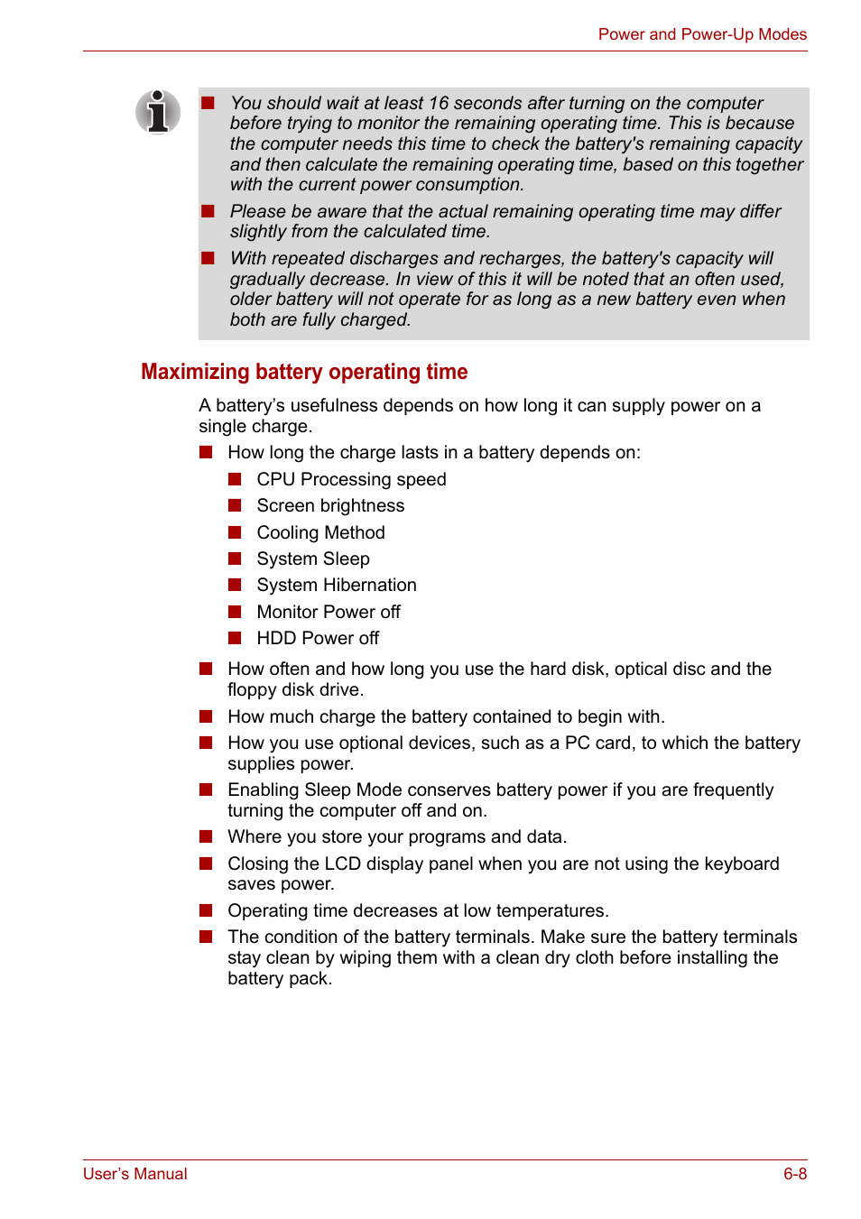 Maximizing battery operating time | Toshiba Satellite Pro A120 (PSAC1) User Manual | Page 109 / 205