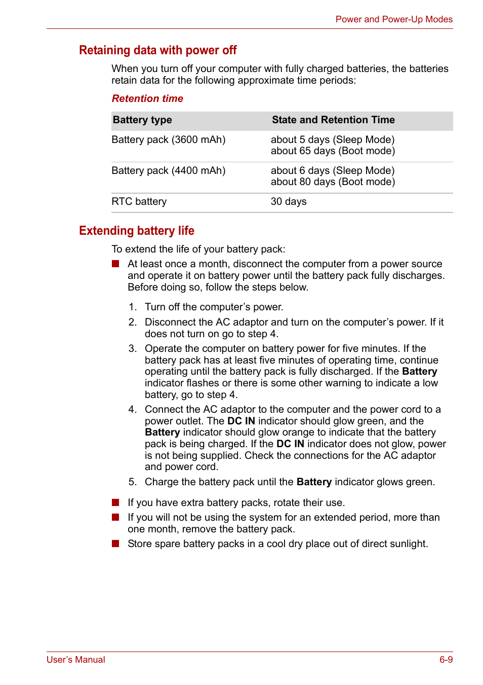 Retaining data with power off, Extending battery life | Toshiba Satellite Pro A120 (PSAC1) User Manual | Page 110 / 205