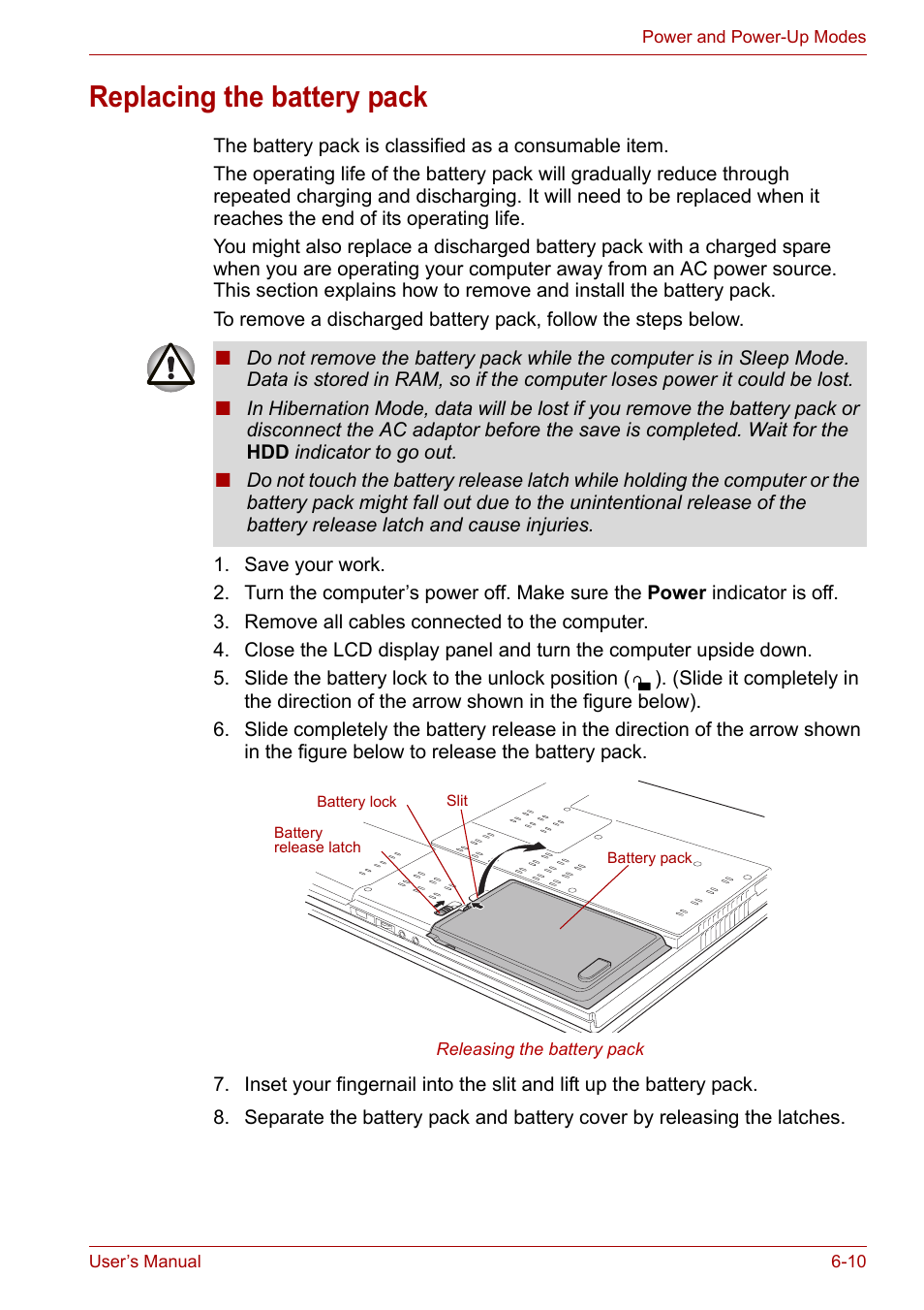 Replacing the battery pack, Replacing the battery pack -10 | Toshiba Satellite Pro A120 (PSAC1) User Manual | Page 111 / 205