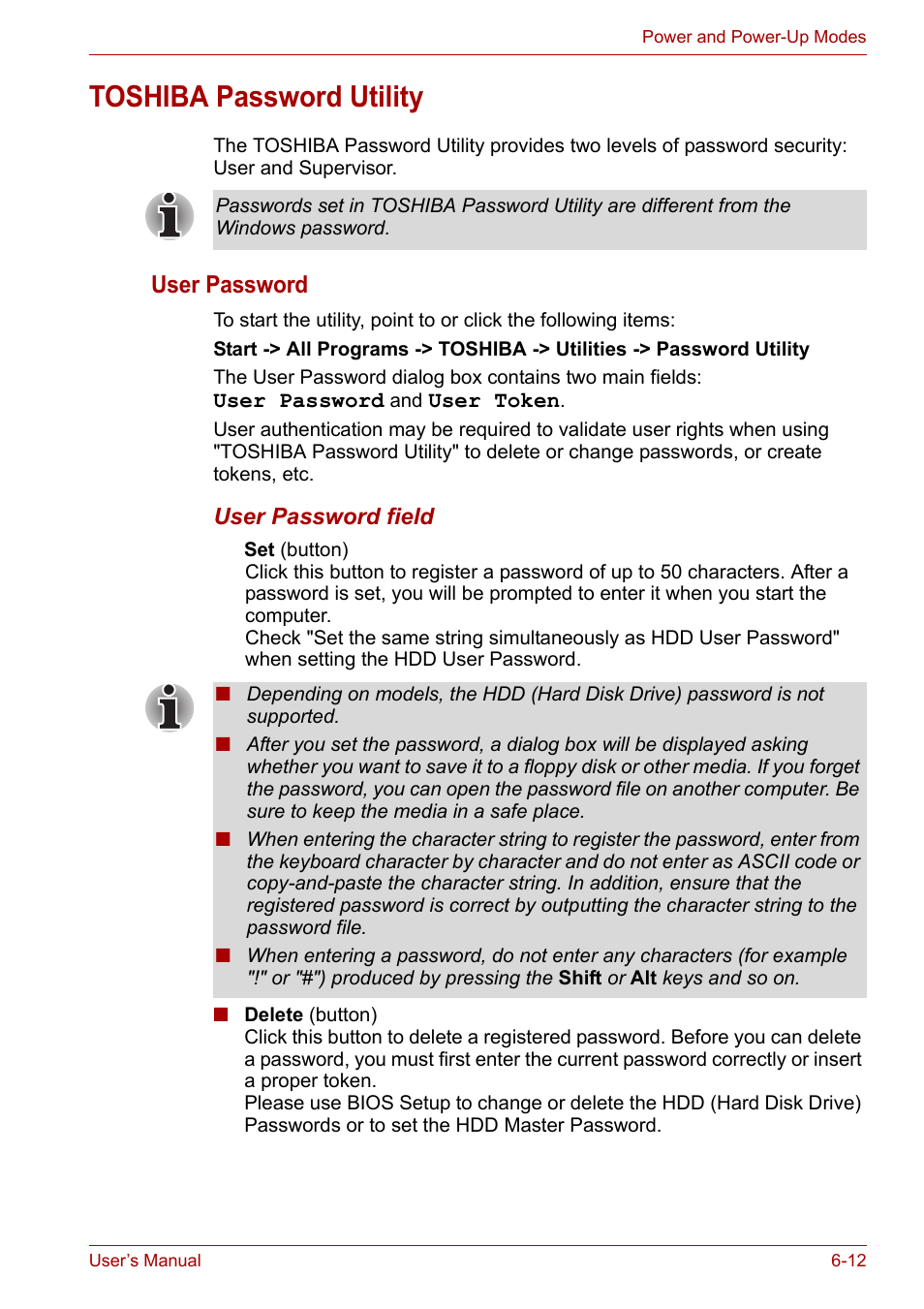 Toshiba password utility, Toshiba password utility -12, User password | Toshiba Satellite Pro A120 (PSAC1) User Manual | Page 113 / 205