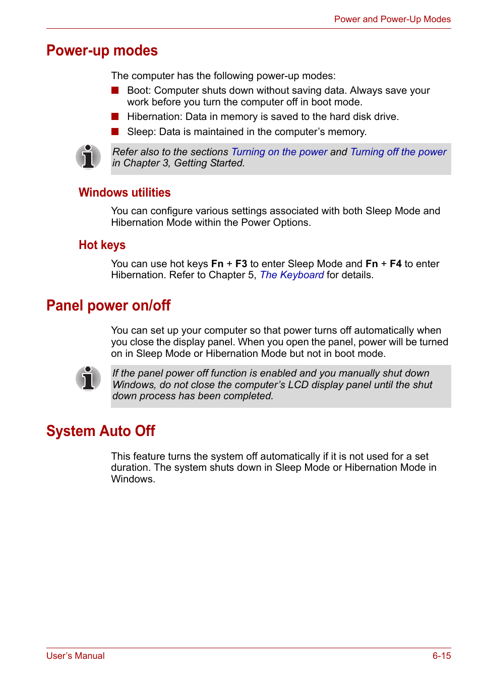 Power-up modes, Panel power on/off, System auto off | Toshiba Satellite Pro A120 (PSAC1) User Manual | Page 116 / 205