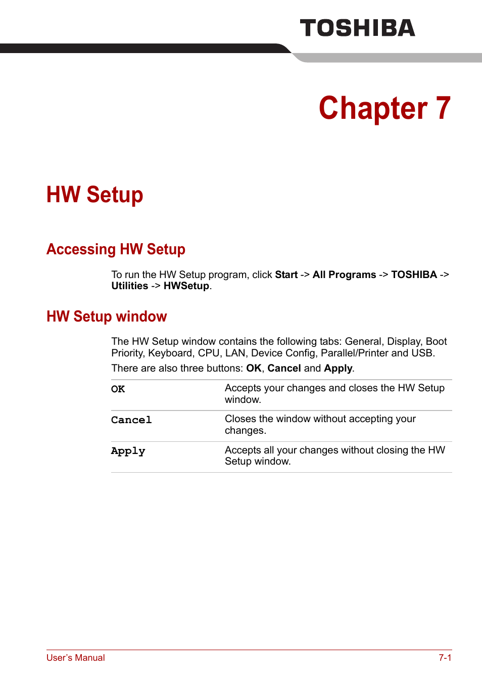 Chapter 7: hw setup, Accessing hw setup, Hw setup window | Hw setup, Chapter 7, Accessing hw setup -1 hw setup window -1 | Toshiba Satellite Pro A120 (PSAC1) User Manual | Page 117 / 205