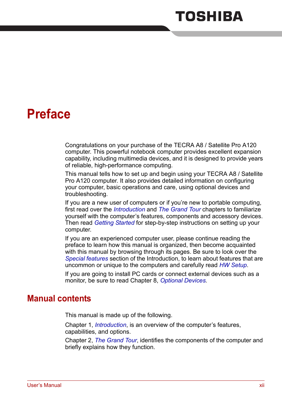 Preface, Manual contents | Toshiba Satellite Pro A120 (PSAC1) User Manual | Page 12 / 205