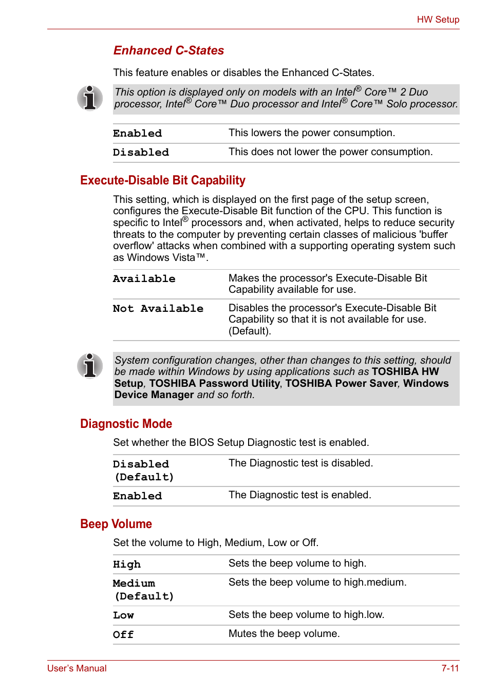 Execute-disable bit capability, Diagnostic mode, Beep volume | Toshiba Satellite Pro A120 (PSAC1) User Manual | Page 127 / 205