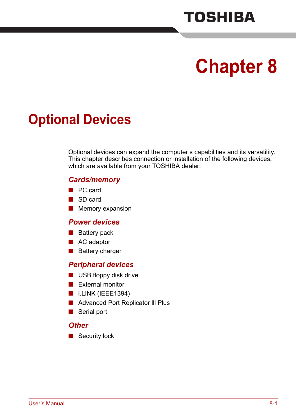 Chapter 8: optional devices, Optional devices, Chapter 8 | Toshiba Satellite Pro A120 (PSAC1) User Manual | Page 128 / 205