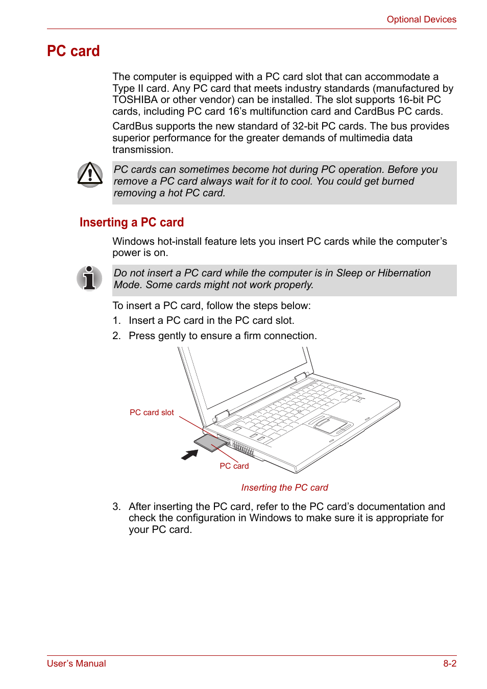 Pc card, Pc card -2, Inserting a pc card | Toshiba Satellite Pro A120 (PSAC1) User Manual | Page 129 / 205