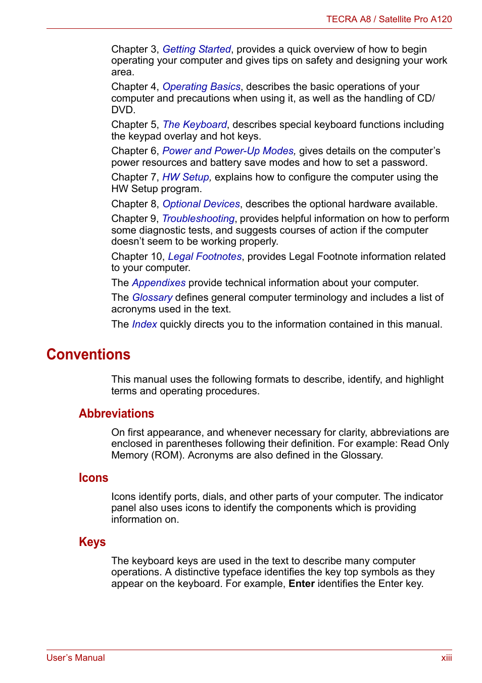 Conventions, Abbreviations, Icons | Keys | Toshiba Satellite Pro A120 (PSAC1) User Manual | Page 13 / 205