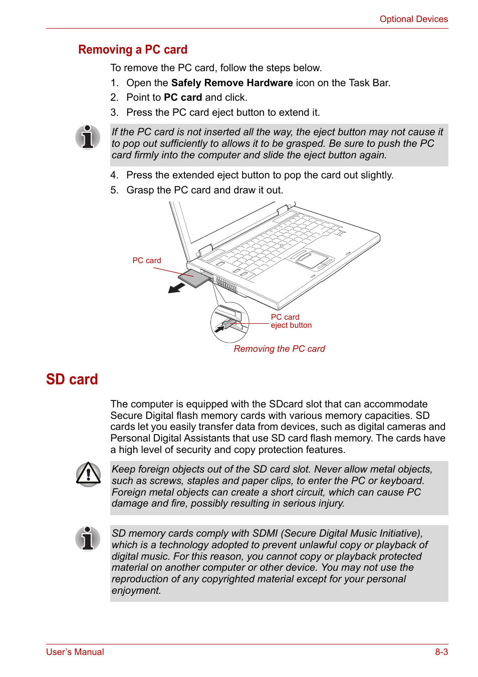 Sd card, Sd card -3, Removing a pc card | Toshiba Satellite Pro A120 (PSAC1) User Manual | Page 130 / 205