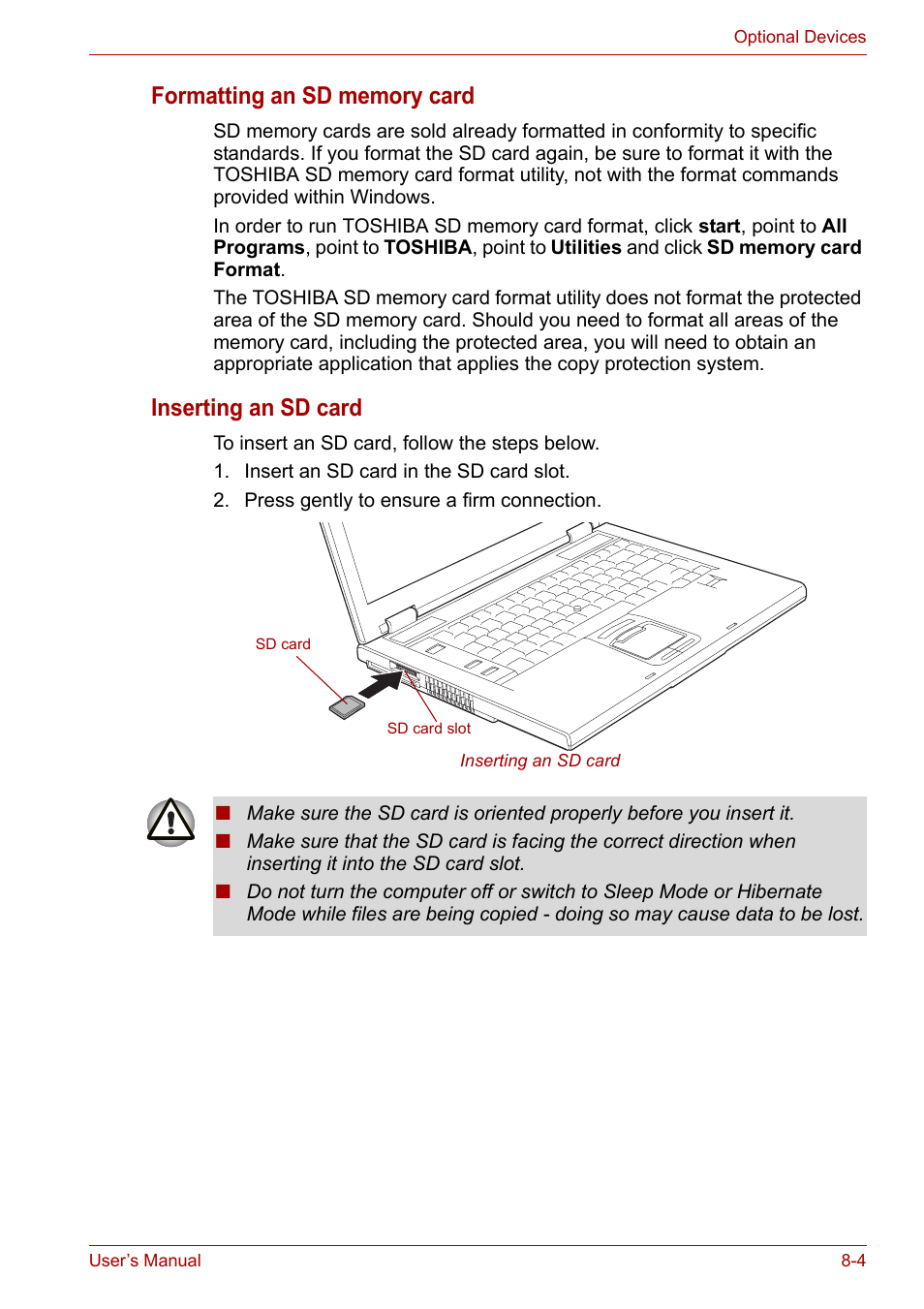 Inserting an sd card | Toshiba Satellite Pro A120 (PSAC1) User Manual | Page 131 / 205