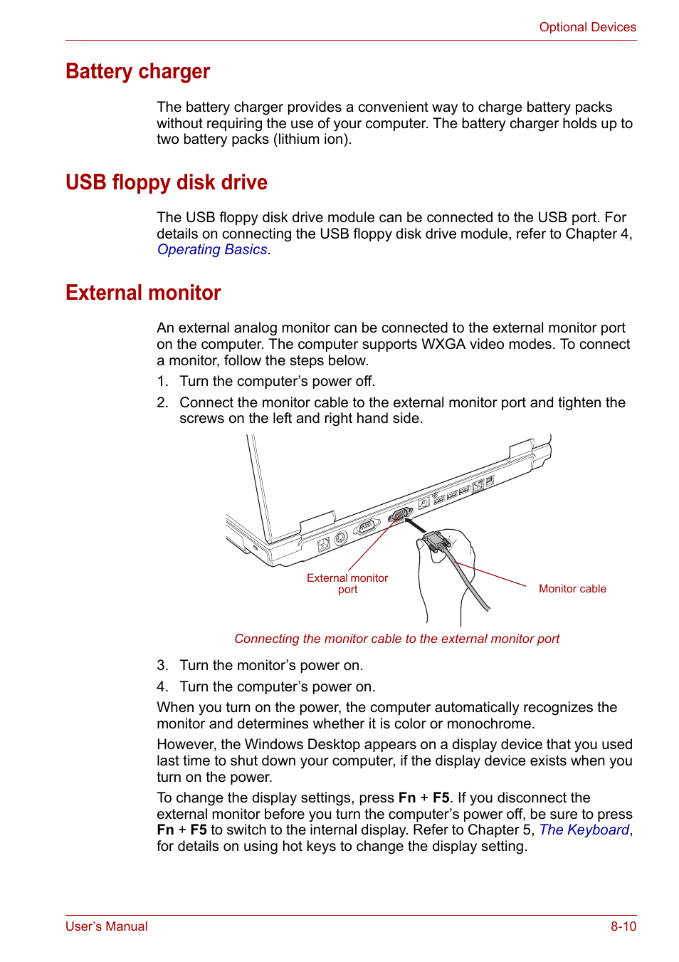 Battery charger, Usb floppy disk drive, External monitor | Battery charger -10, Usb floppy disk drive -10 external monitor -10 | Toshiba Satellite Pro A120 (PSAC1) User Manual | Page 137 / 205