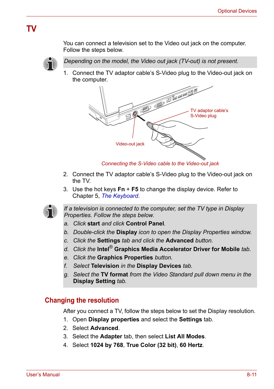 Tv -11, Changing the resolution | Toshiba Satellite Pro A120 (PSAC1) User Manual | Page 138 / 205