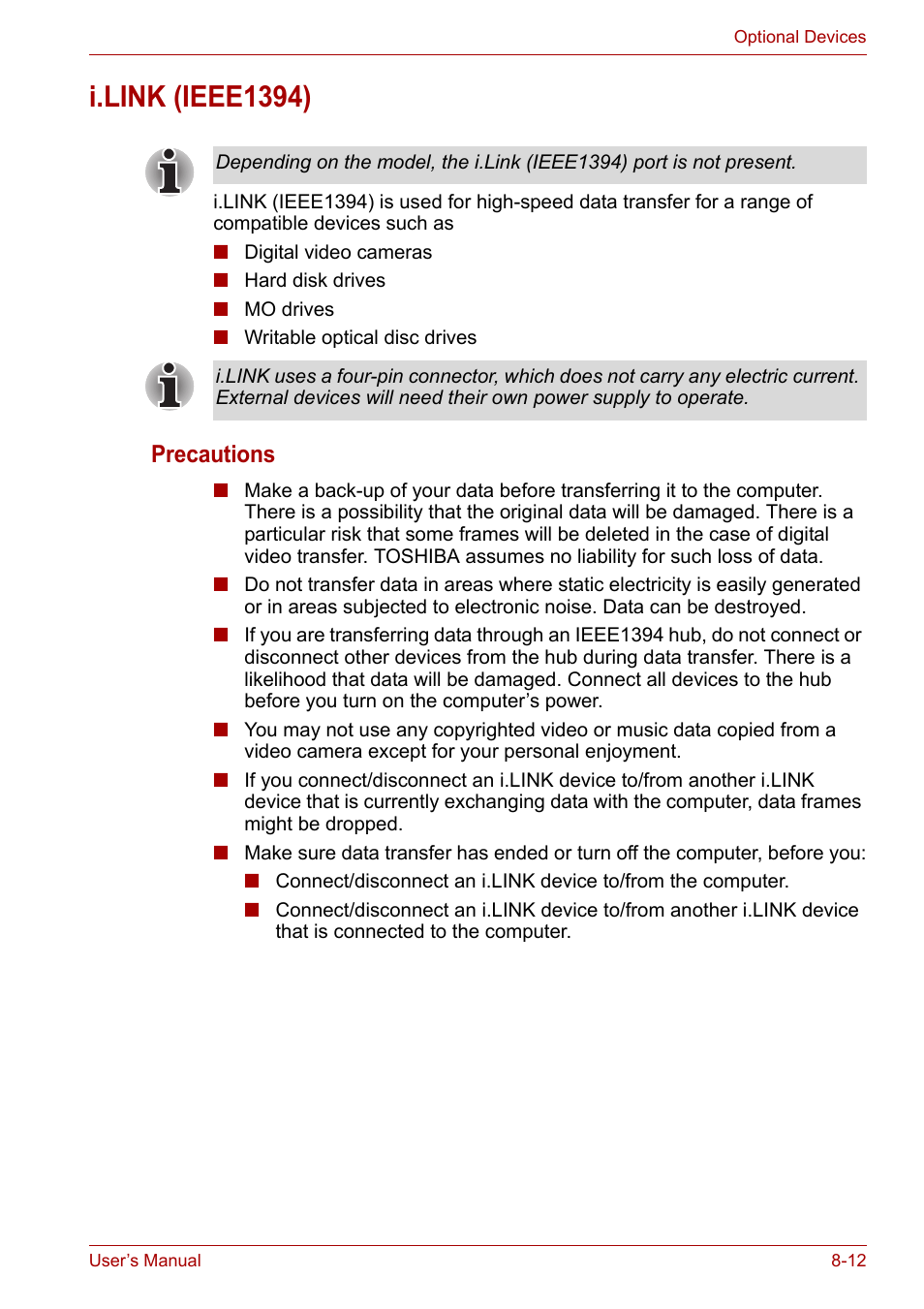 I.link (ieee1394), I.link (ieee1394) -12, Precautions | Toshiba Satellite Pro A120 (PSAC1) User Manual | Page 139 / 205