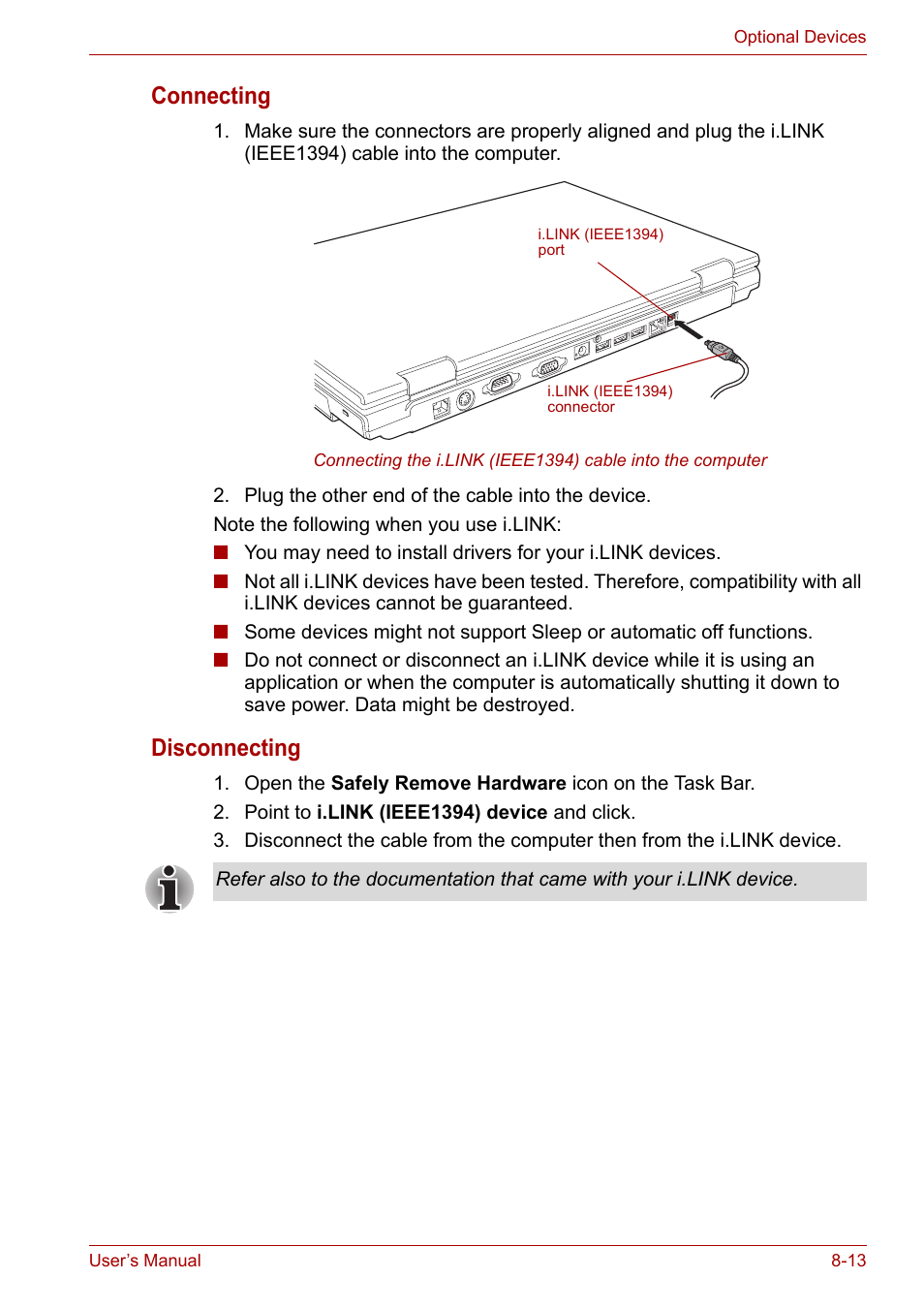 Connecting, Disconnecting | Toshiba Satellite Pro A120 (PSAC1) User Manual | Page 140 / 205