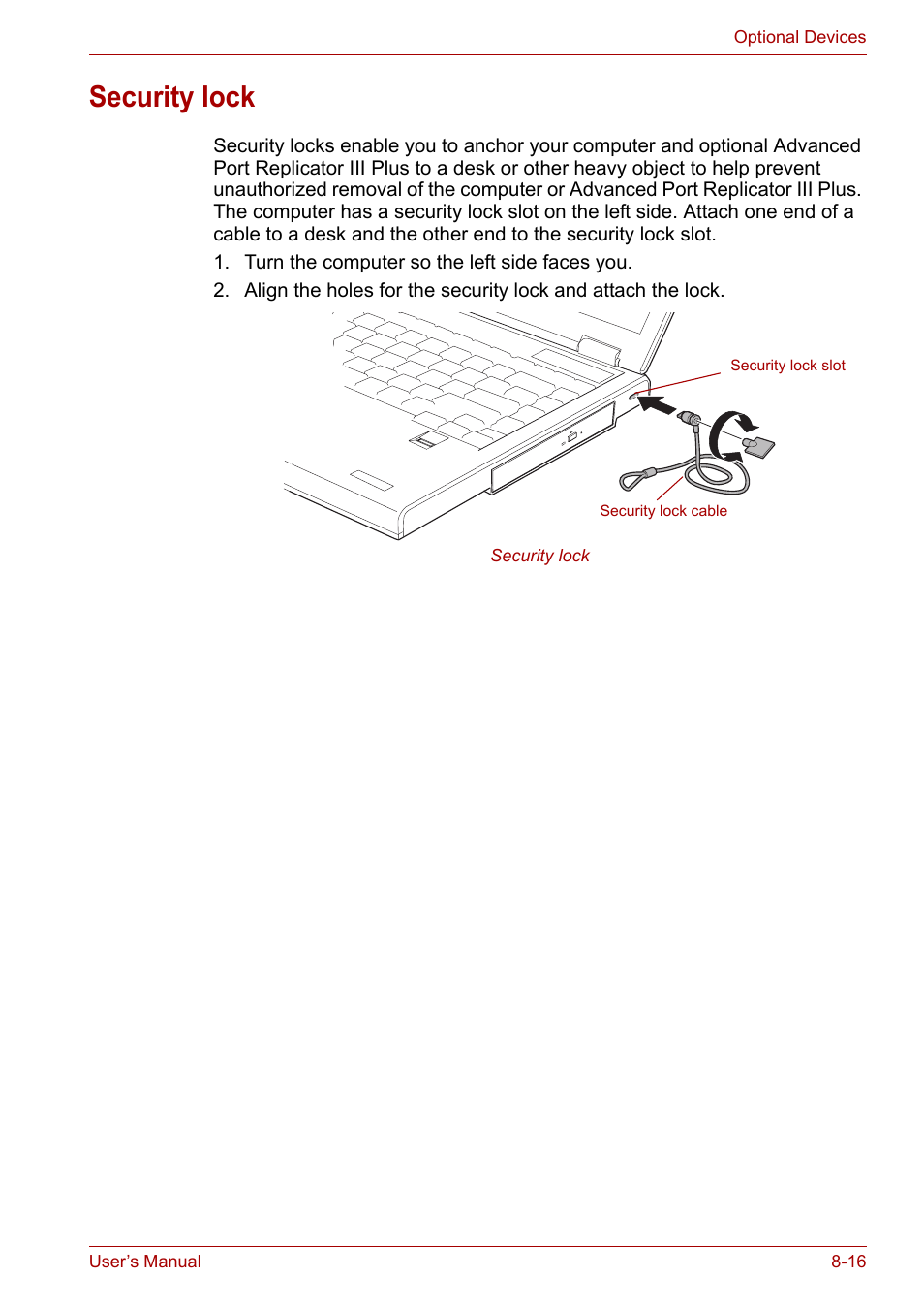 Security lock, Security lock -16 | Toshiba Satellite Pro A120 (PSAC1) User Manual | Page 143 / 205