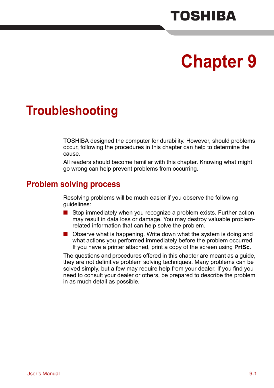 Chapter 9: troubleshooting, Problem solving process, Troubleshooting | Chapter 9, Problem solving process -1 | Toshiba Satellite Pro A120 (PSAC1) User Manual | Page 144 / 205