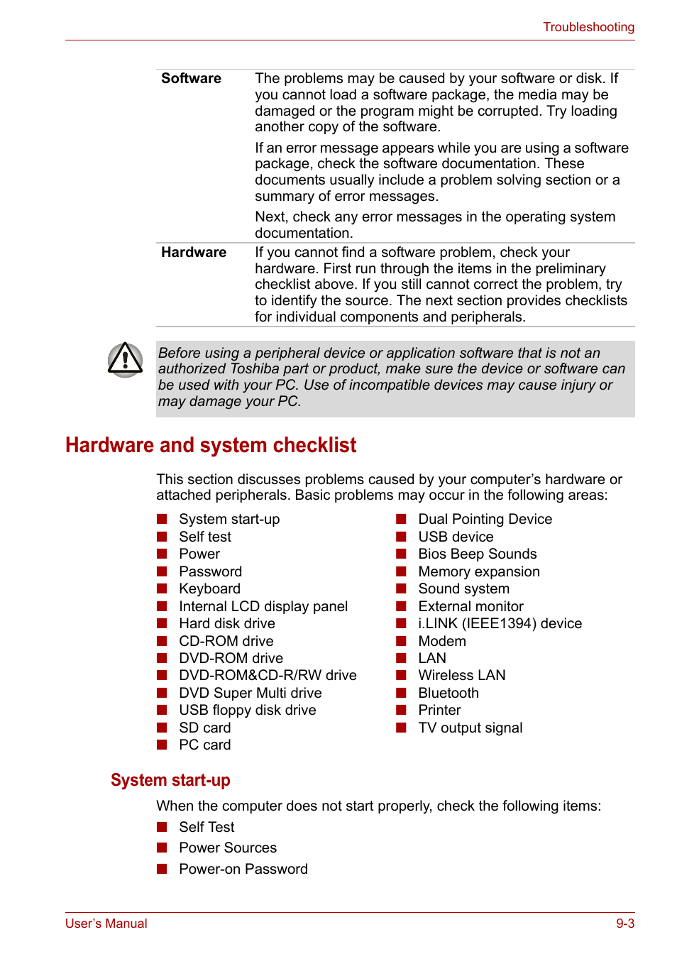 Hardware and system checklist, Hardware and system checklist -3, System start-up | Toshiba Satellite Pro A120 (PSAC1) User Manual | Page 146 / 205