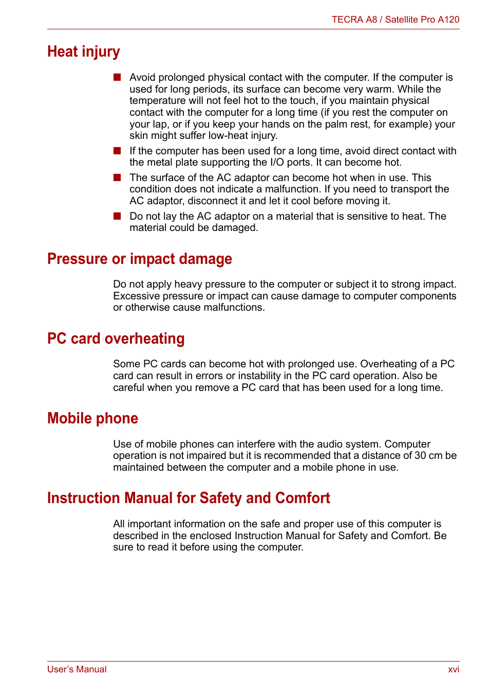 Heat injury, Pressure or impact damage, Pc card overheating | Mobile phone, Instruction manual for safety and comfort | Toshiba Satellite Pro A120 (PSAC1) User Manual | Page 16 / 205