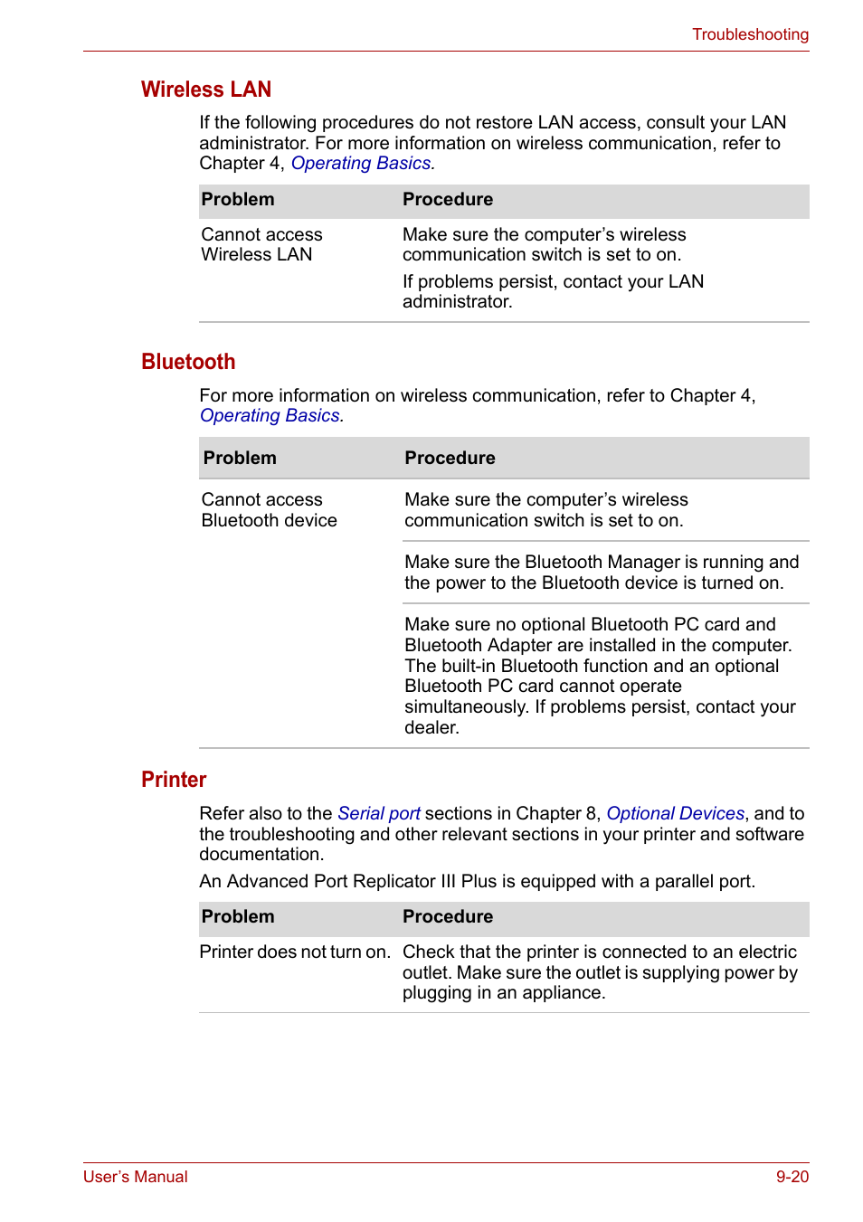 Wireless lan, Bluetooth, Printer | Toshiba Satellite Pro A120 (PSAC1) User Manual | Page 163 / 205