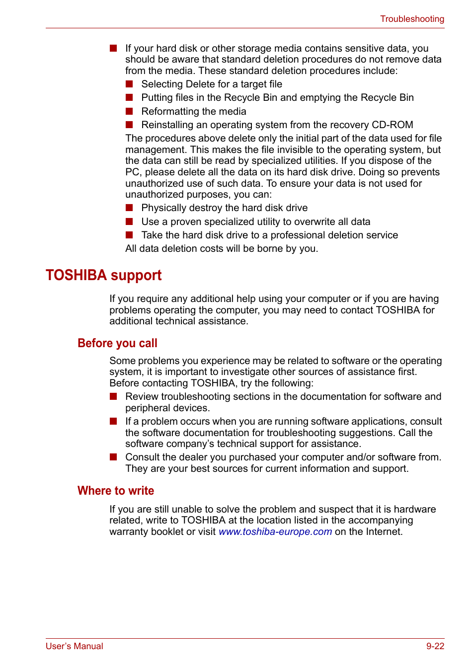 Toshiba support, Toshiba support -22, Before you call | Where to write | Toshiba Satellite Pro A120 (PSAC1) User Manual | Page 165 / 205