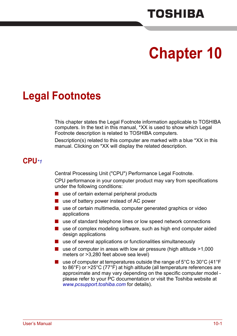 Chapter 10: legal footnotes, Cpu*1, Legal footnotes | Chapter 10 | Toshiba Satellite Pro A120 (PSAC1) User Manual | Page 166 / 205