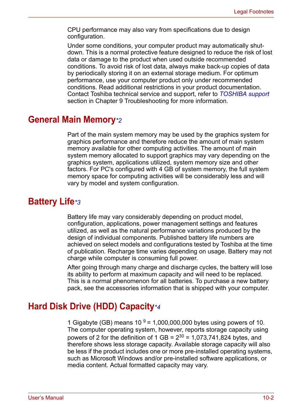 General main memory*2, Battery life*3, Hard disk drive (hdd) capacity*4 | General main memory, Battery life, Hard disk drive (hdd) capacity, Life), Battery li fe, Hard disk drive (hdd) capacit y | Toshiba Satellite Pro A120 (PSAC1) User Manual | Page 167 / 205