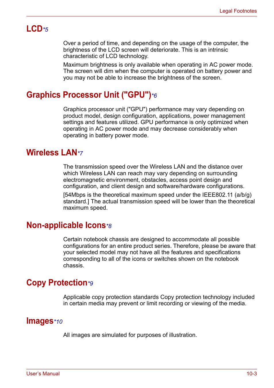 Lcd*5, Graphics processor unit ("gpu")*6, Wireless lan*7 | Non-applicable icons*8, Copy protection*9, Images*10, Graphics processor unit ("gpu"), Wireless lan, Non-applicable icons, Copy protection | Toshiba Satellite Pro A120 (PSAC1) User Manual | Page 168 / 205