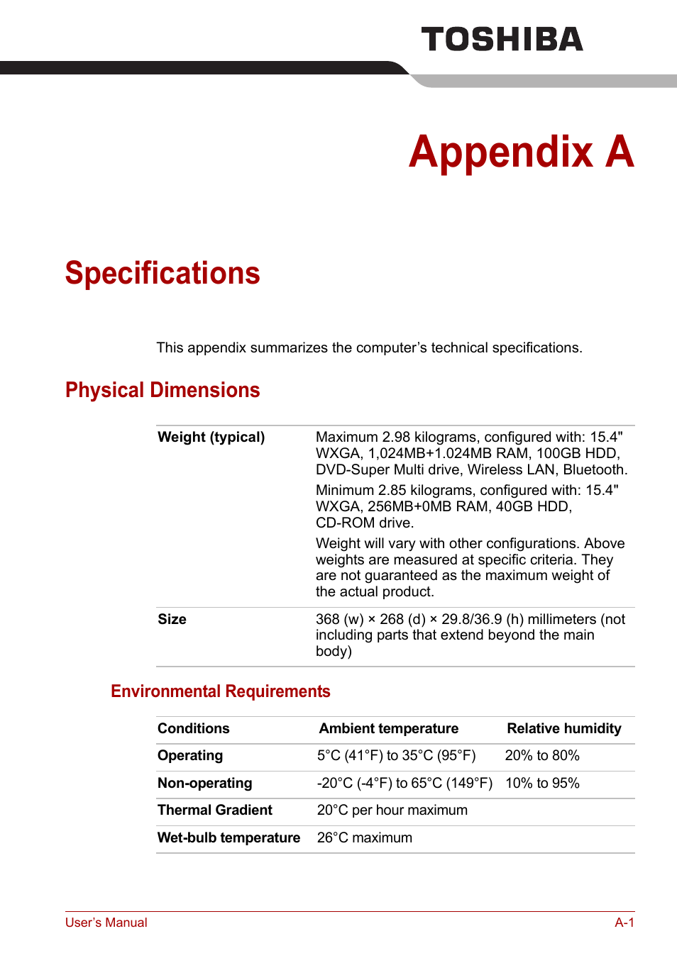 Appendix a: specifications, Appendixes, Appendix a | Specifications, Physical dimensions | Toshiba Satellite Pro A120 (PSAC1) User Manual | Page 169 / 205