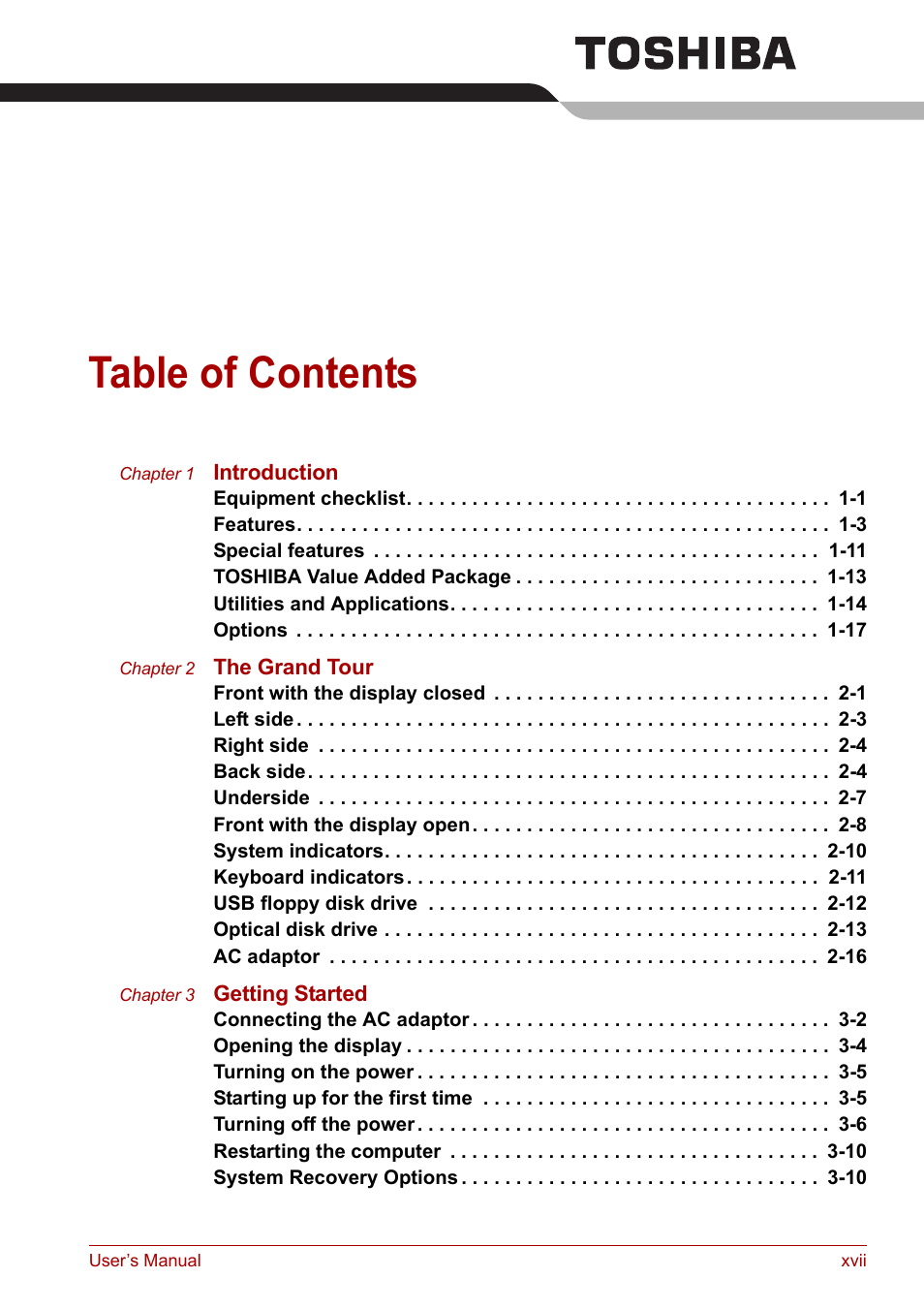 Toshiba Satellite Pro A120 (PSAC1) User Manual | Page 17 / 205