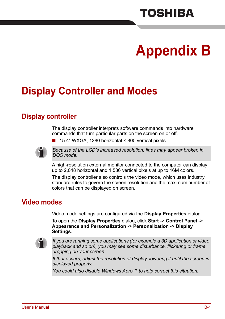 Appendix b: display controller and modes, Appendix b, Display controller and modes | Dix b, Display, Controller and modes, Display controller, Video modes | Toshiba Satellite Pro A120 (PSAC1) User Manual | Page 172 / 205