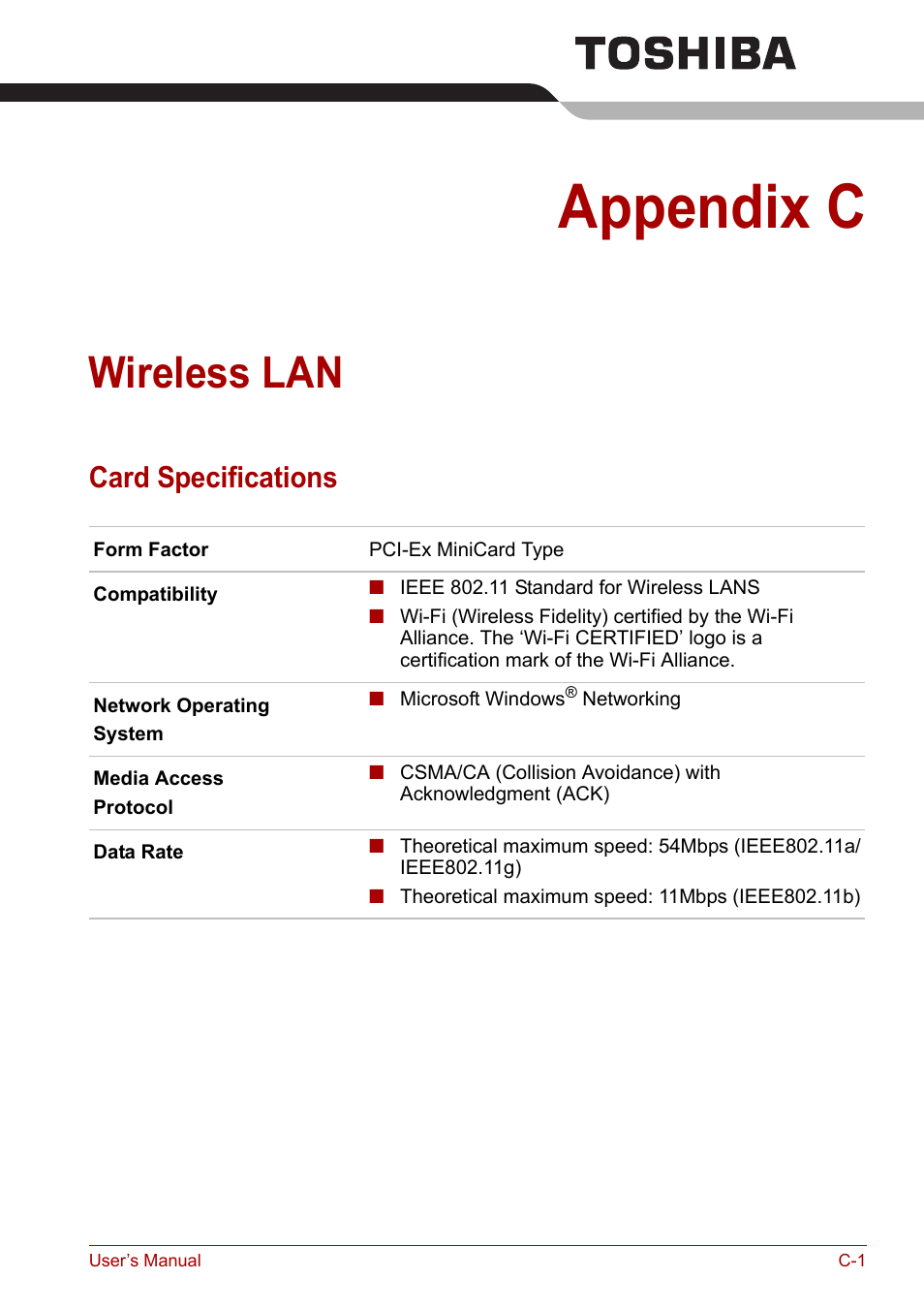 Appendix c: wireless lan, Appendix c, Wireless lan | Card specifications | Toshiba Satellite Pro A120 (PSAC1) User Manual | Page 173 / 205