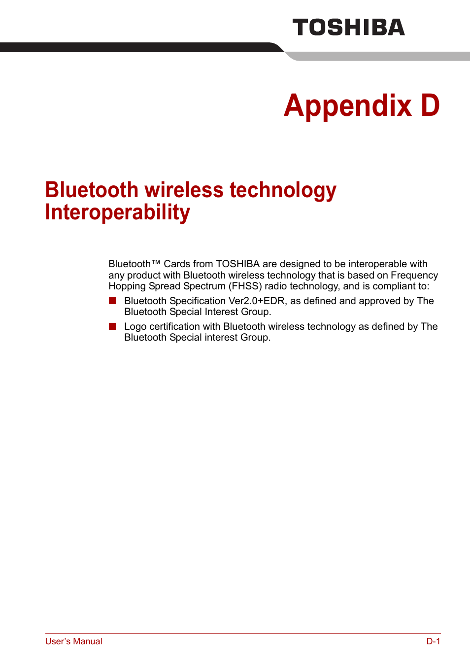 Appendix d, Bluetooth wireless technology interoperability | Toshiba Satellite Pro A120 (PSAC1) User Manual | Page 177 / 205