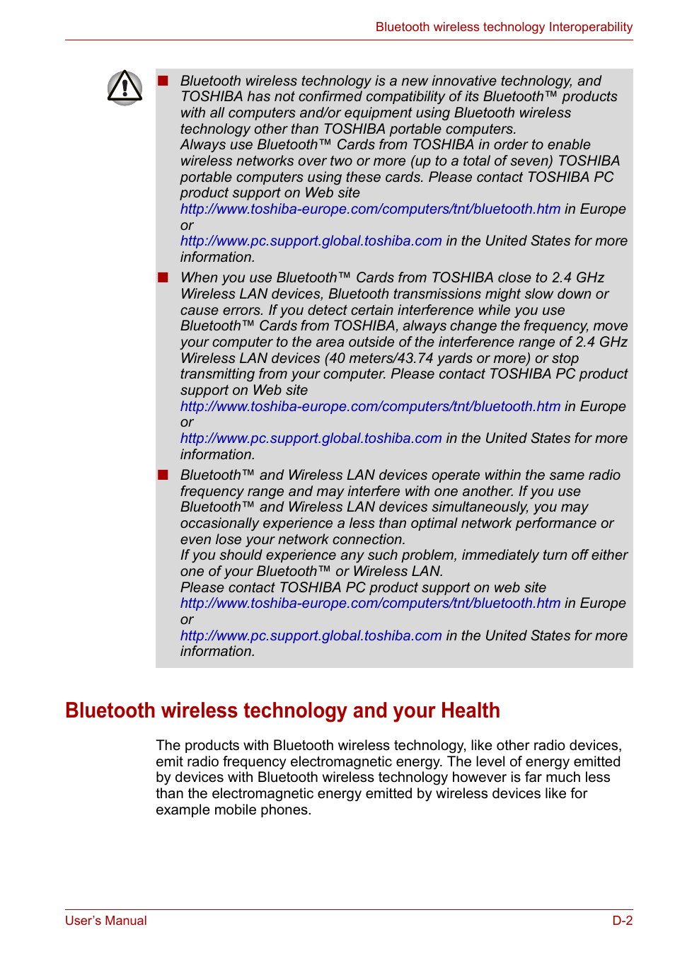 Bluetooth wireless technology and your health | Toshiba Satellite Pro A120 (PSAC1) User Manual | Page 178 / 205