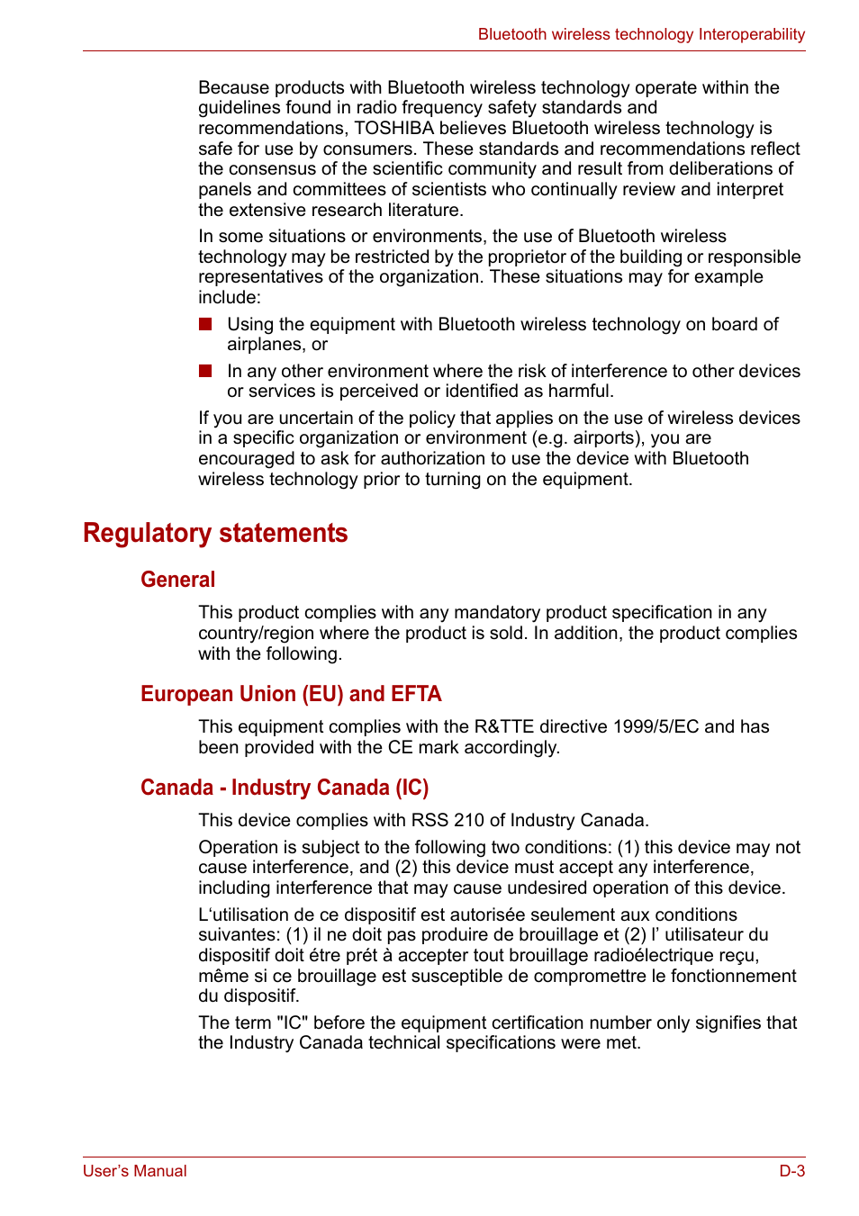 Regulatory statements, General, European union (eu) and efta | Canada - industry canada (ic) | Toshiba Satellite Pro A120 (PSAC1) User Manual | Page 179 / 205