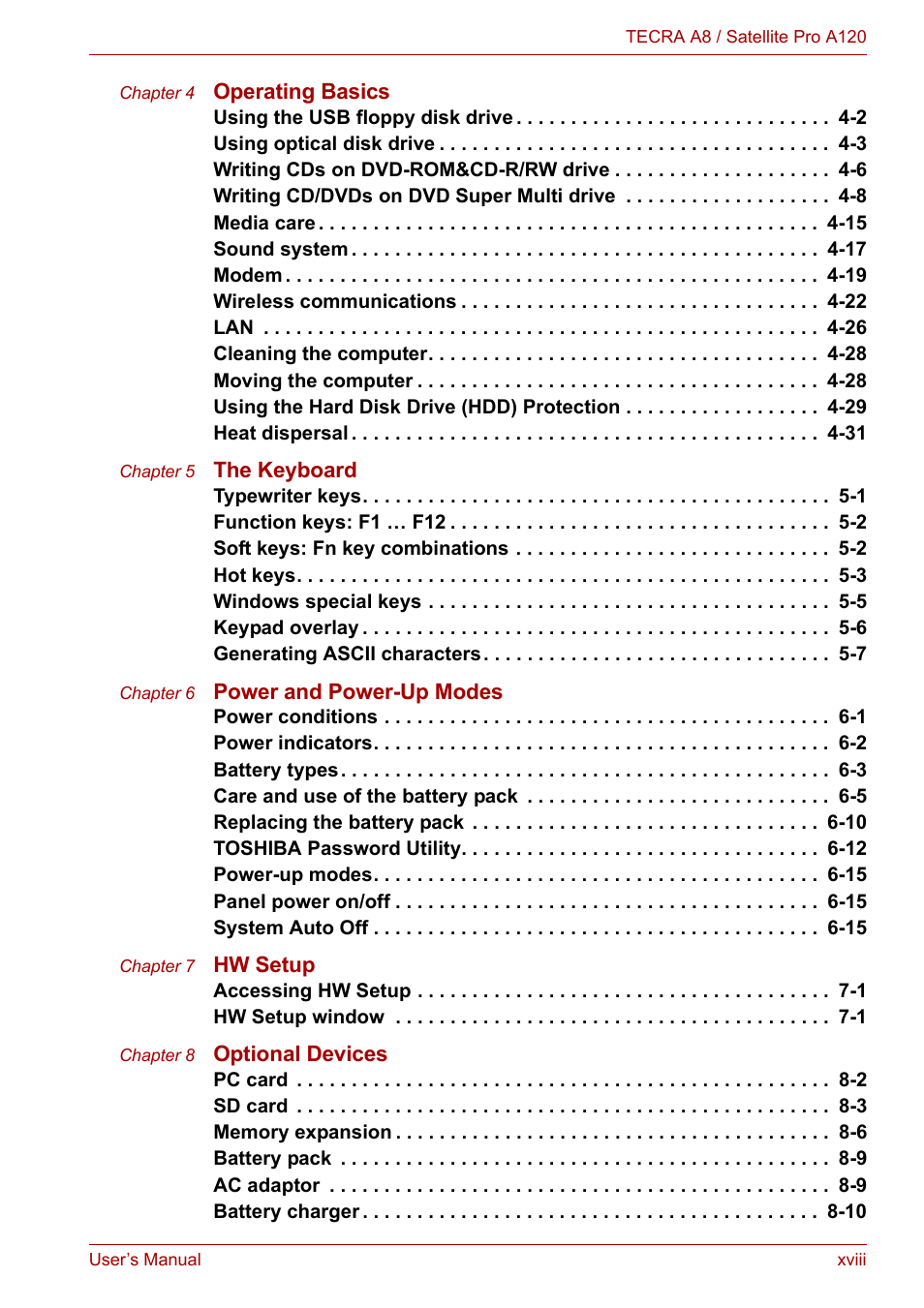 Toshiba Satellite Pro A120 (PSAC1) User Manual | Page 18 / 205