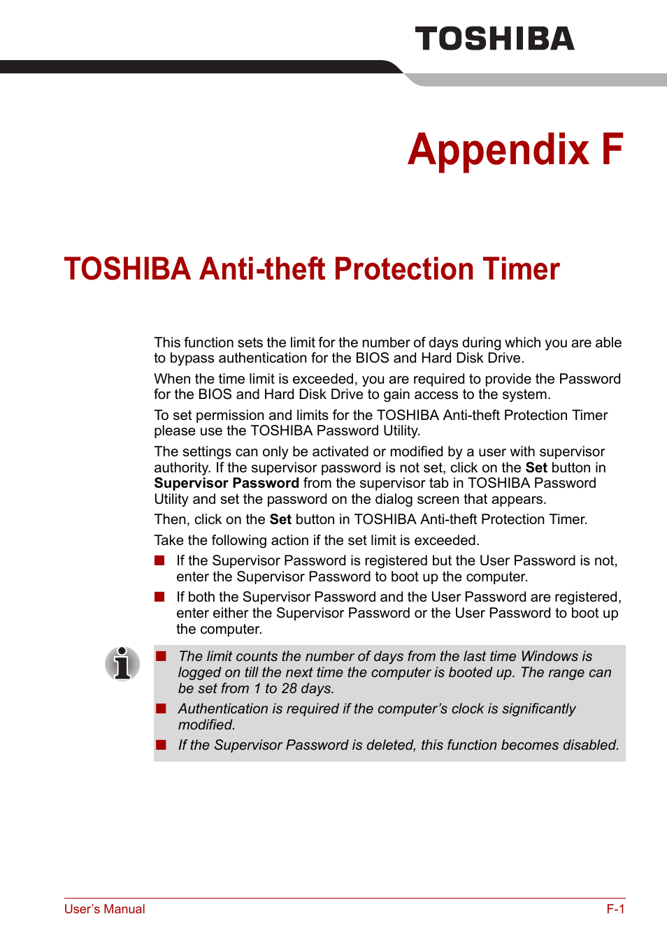 Appendix f: toshiba anti-theft protection timer, Appendix f, Toshiba anti-theft protection timer | Toshiba Satellite Pro A120 (PSAC1) User Manual | Page 185 / 205