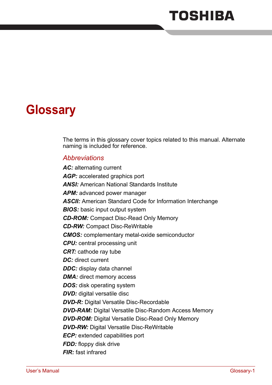 Glossary | Toshiba Satellite Pro A120 (PSAC1) User Manual | Page 188 / 205