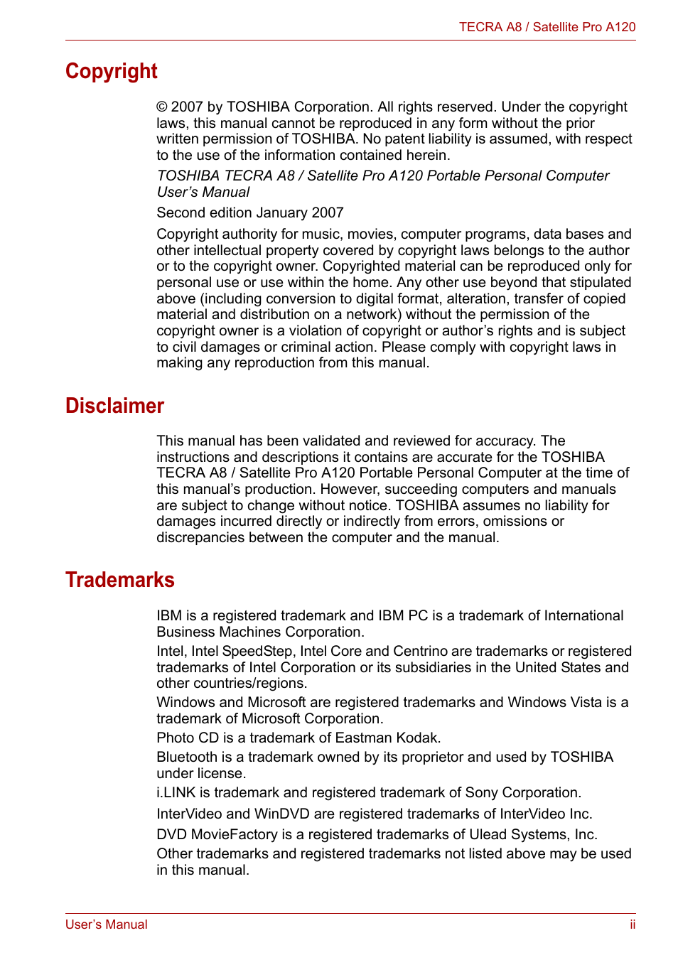 Copyright, Disclaimer, Trademarks | Toshiba Satellite Pro A120 (PSAC1) User Manual | Page 2 / 205