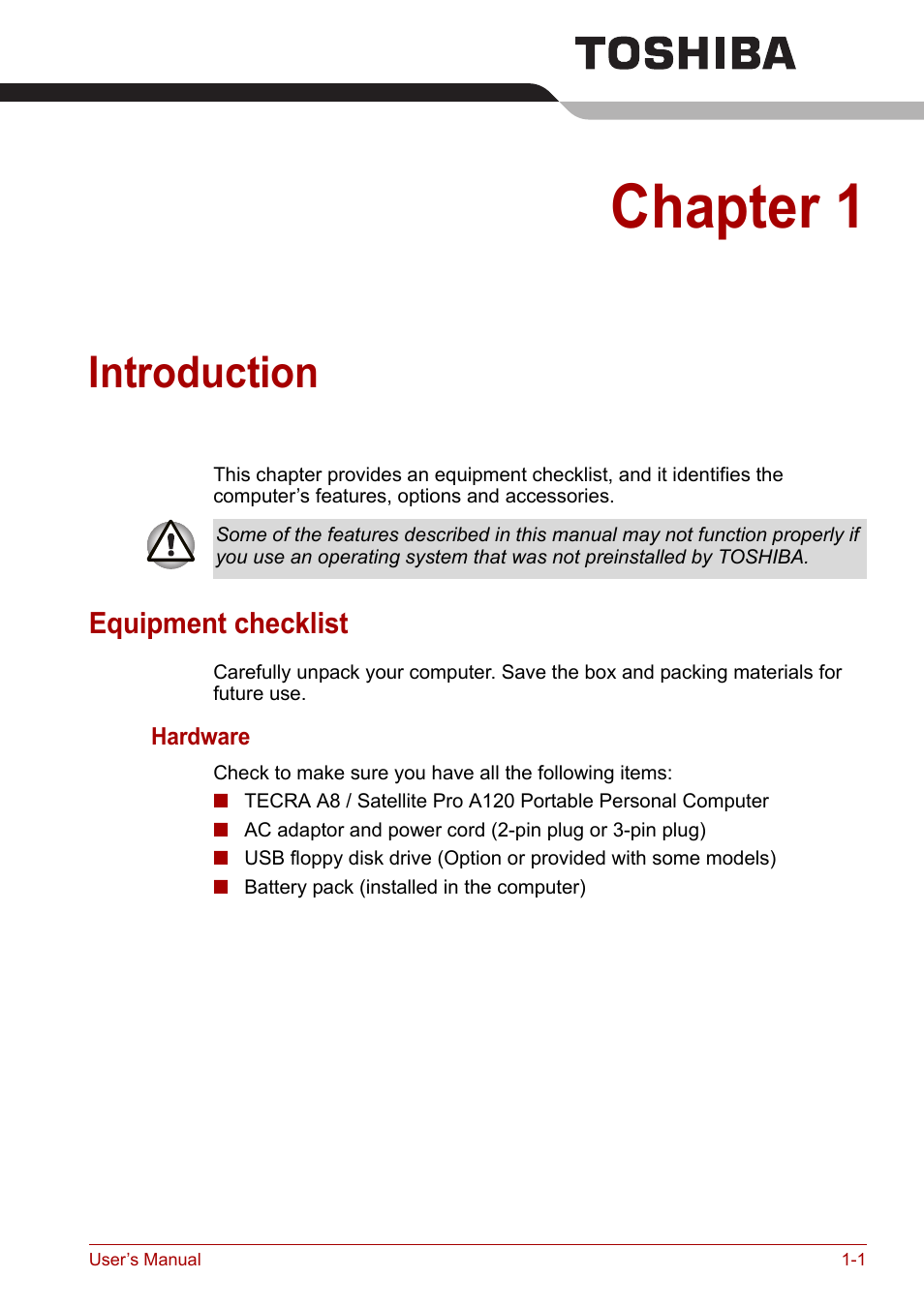 Chapter 1: introduction, Equipment checklist, Introduction | Chapter 1, Equipment checklist -1 | Toshiba Satellite Pro A120 (PSAC1) User Manual | Page 20 / 205