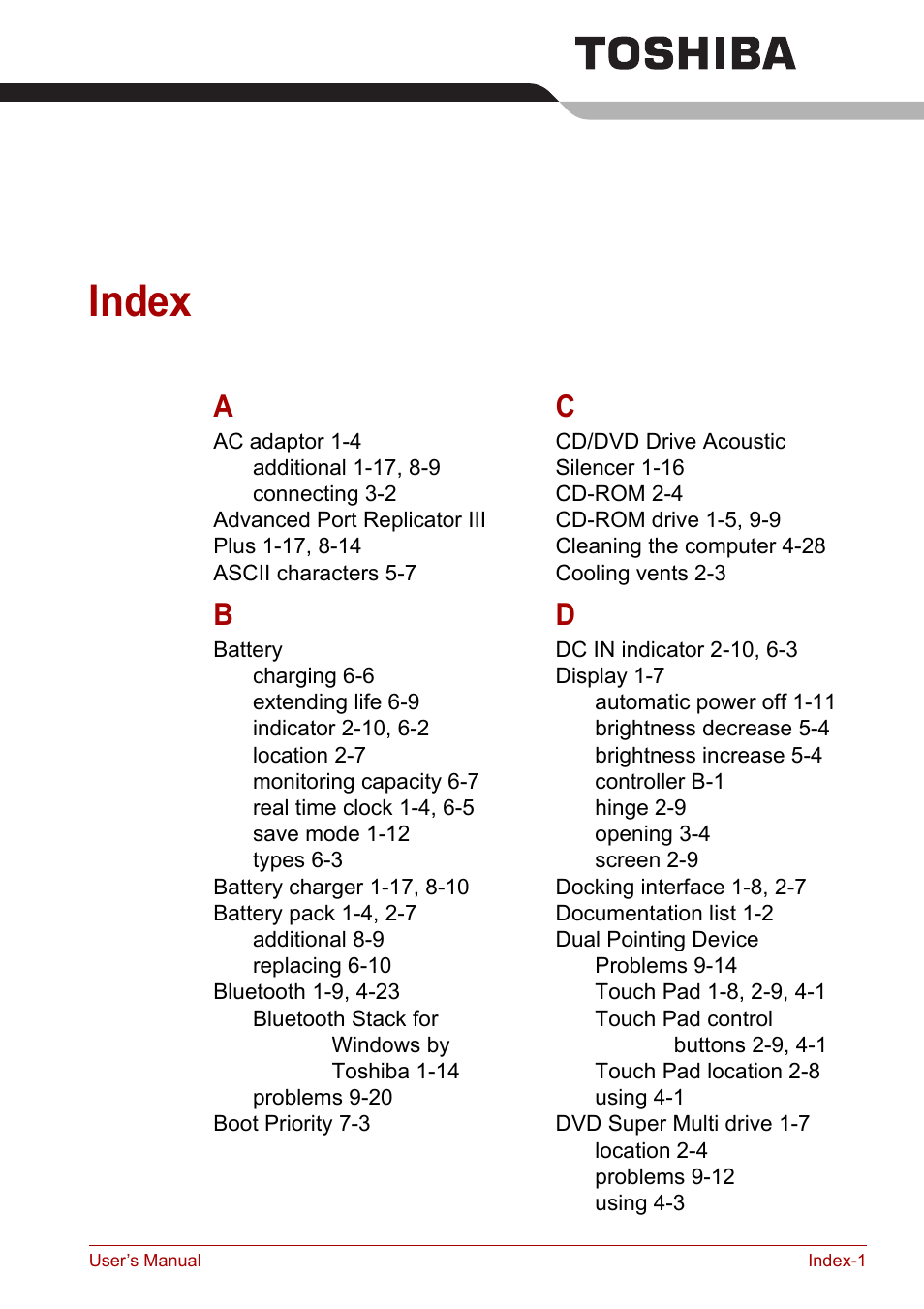 Index | Toshiba Satellite Pro A120 (PSAC1) User Manual | Page 201 / 205