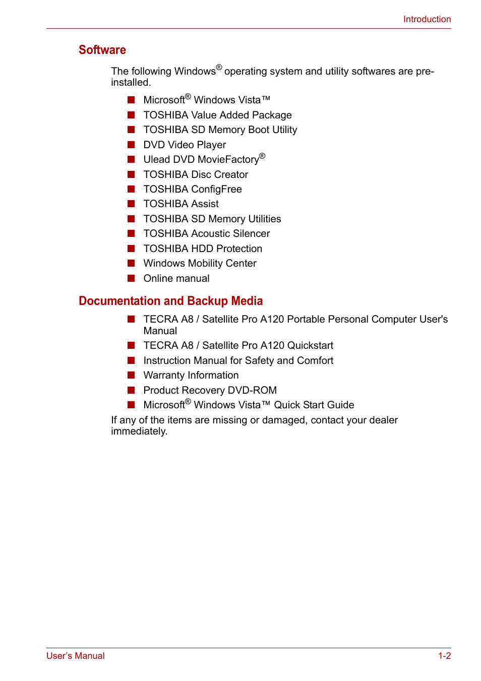 Software, Documentation and backup media | Toshiba Satellite Pro A120 (PSAC1) User Manual | Page 21 / 205