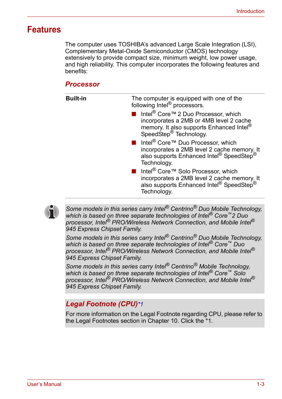 Features, Features -3, Processor | Toshiba Satellite Pro A120 (PSAC1) User Manual | Page 22 / 205