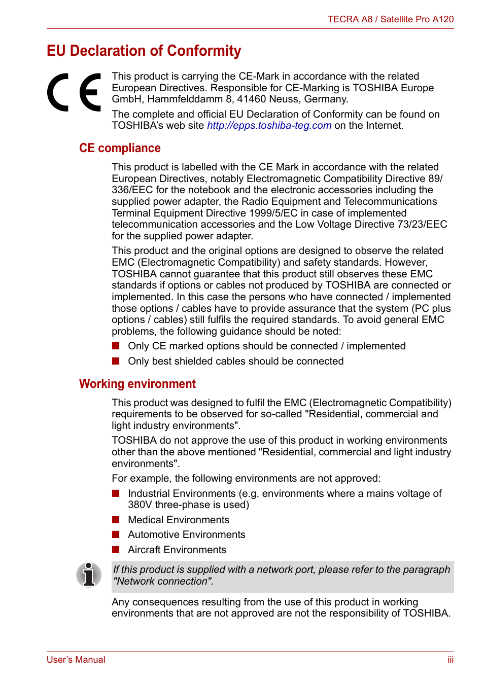 Eu declaration of conformity, Ce compliance, Working environment | Toshiba Satellite Pro A120 (PSAC1) User Manual | Page 3 / 205