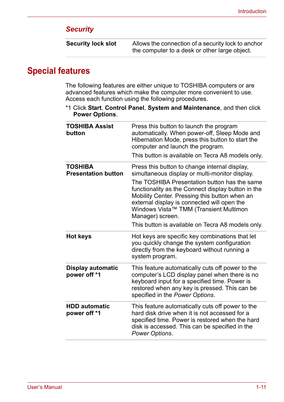 Special features, Special features -11 | Toshiba Satellite Pro A120 (PSAC1) User Manual | Page 30 / 205