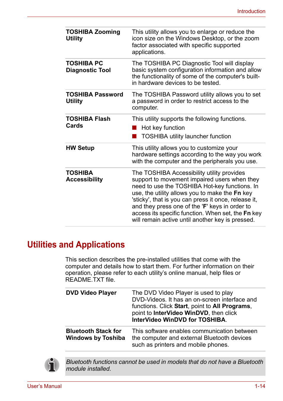 Utilities and applications, Utilities and applications -14 | Toshiba Satellite Pro A120 (PSAC1) User Manual | Page 33 / 205