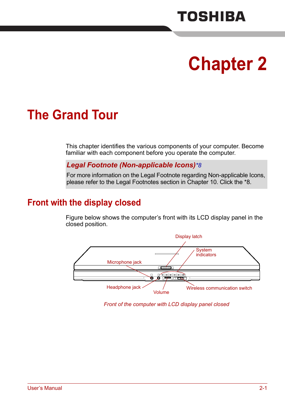 Chapter 2: the grand tour, Front with the display closed, The grand tour | Chapter 2, Front with the display closed -1 | Toshiba Satellite Pro A120 (PSAC1) User Manual | Page 37 / 205