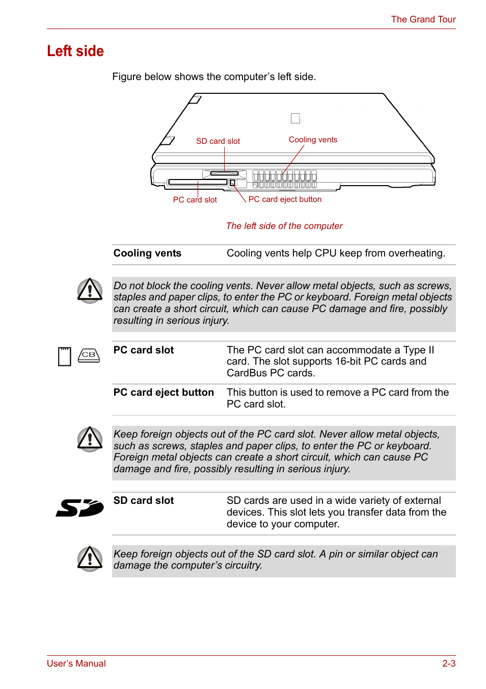 Left side, Left side -3 | Toshiba Satellite Pro A120 (PSAC1) User Manual | Page 39 / 205