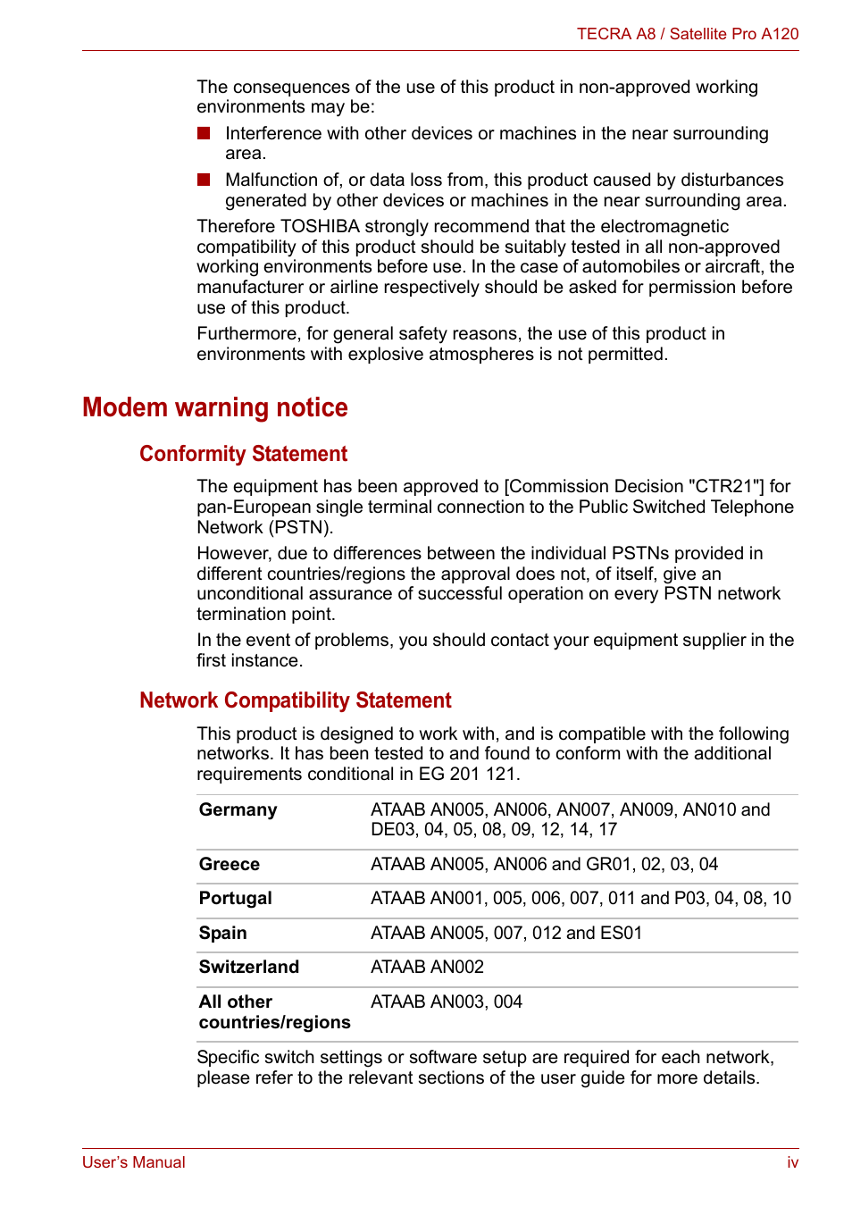 Modem warning notice, Conformity statement, Network compatibility statement | Toshiba Satellite Pro A120 (PSAC1) User Manual | Page 4 / 205