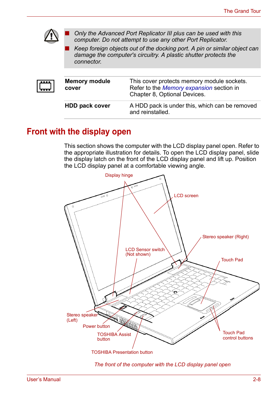 Front with the display open, Front with the display open -8 | Toshiba Satellite Pro A120 (PSAC1) User Manual | Page 44 / 205