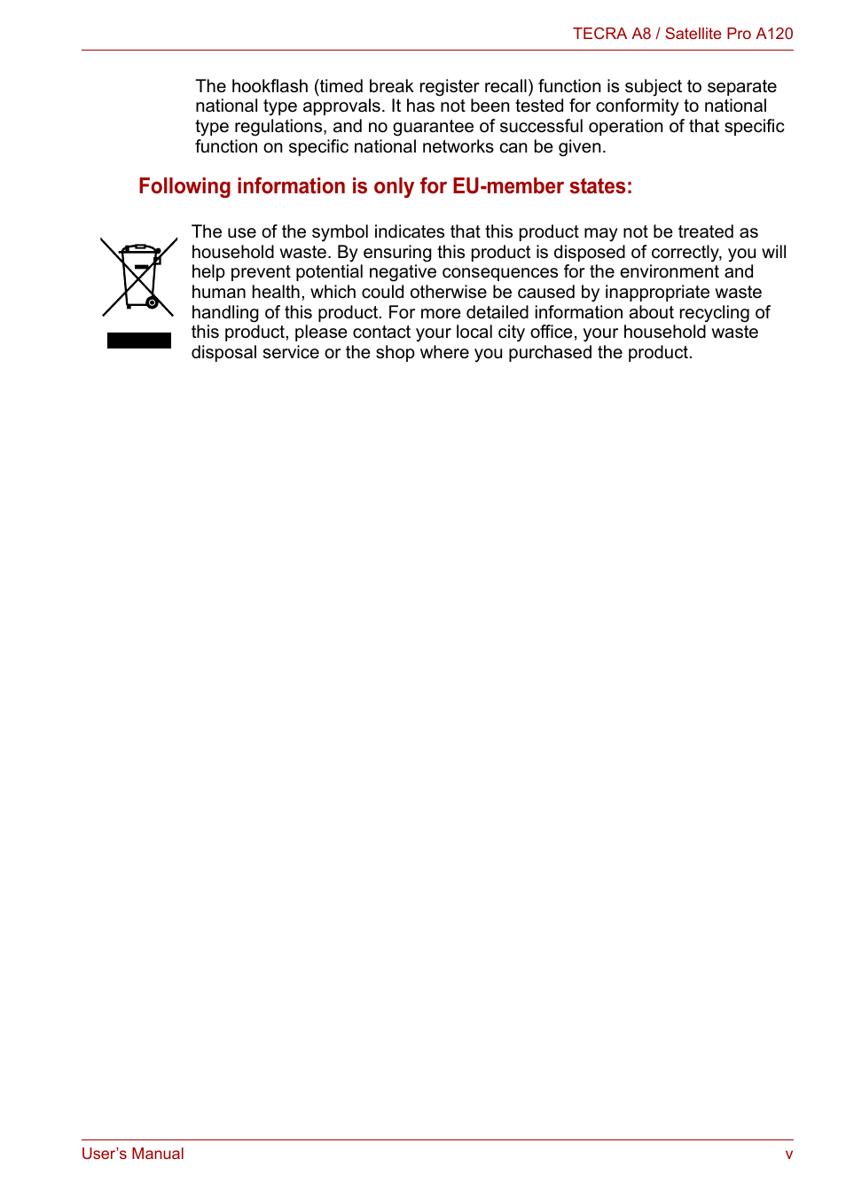 Following information is only for eu-member states | Toshiba Satellite Pro A120 (PSAC1) User Manual | Page 5 / 205